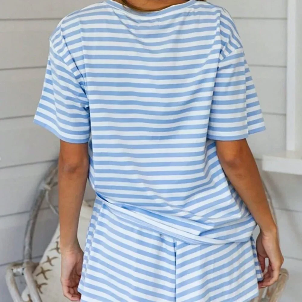 Blue Casual Women's Striped Short Sleeve T-Shirt and Shorts